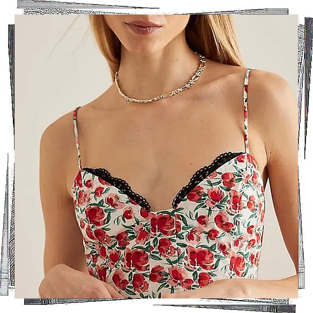 NWT: Red & White Floral Sweetheart Neckline w Lace Trim Dress (S) by Maeve - Picture 9 of 9